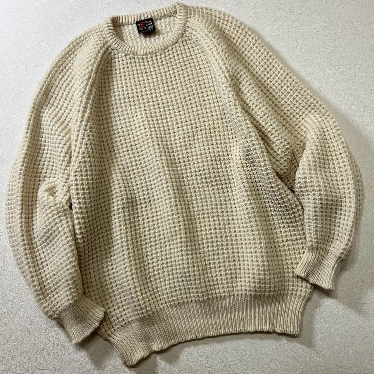 ニット ウール ワッフル編み ラグラン セーター アイボリー XL 古着 