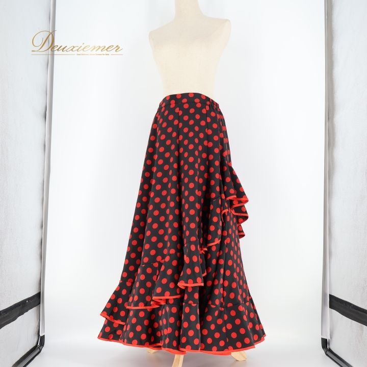 フラメンコ 衣装 ファルダ スカート 黒 赤 水玉 ドット フリル ポップ