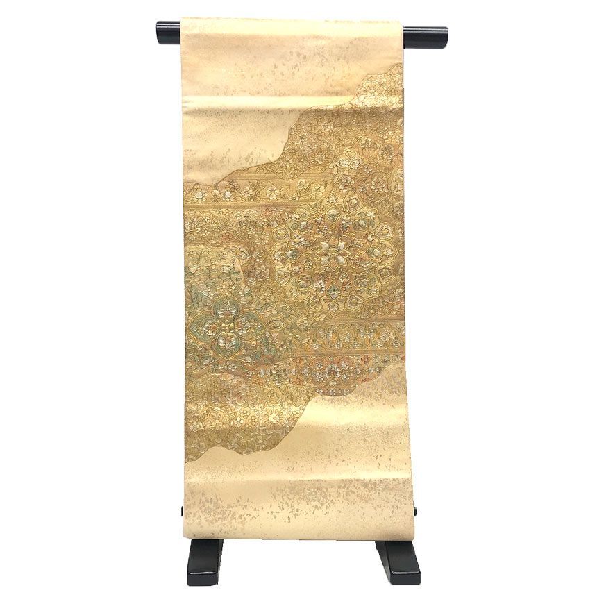 京やJ241 正絹 袋帯 六通 お太鼓柄 箔使い 金箔 箔の帯 正倉院文様