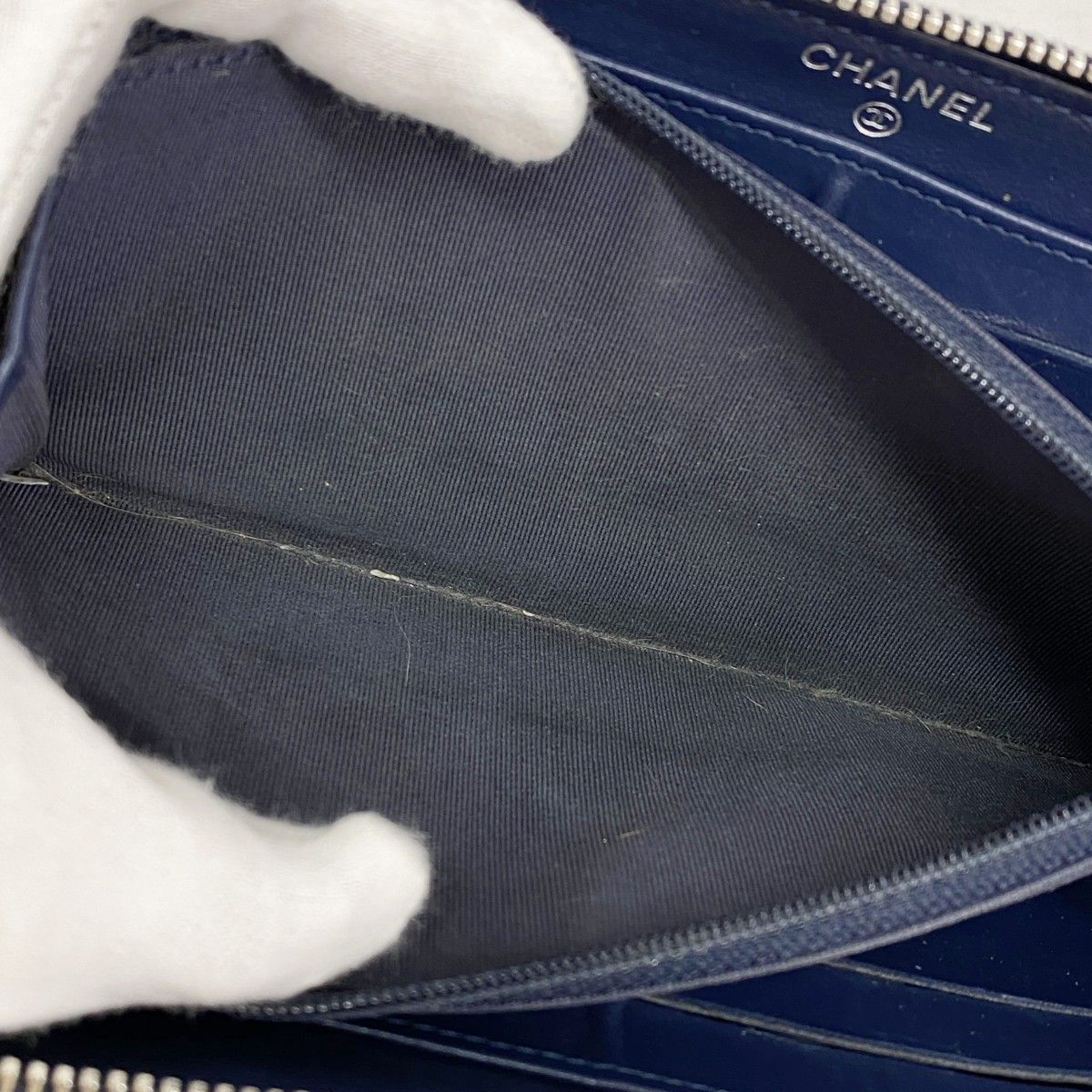 5pd5497-k】シャネル 長財布 マトラッセ ラムスキン ネイビー シルバー