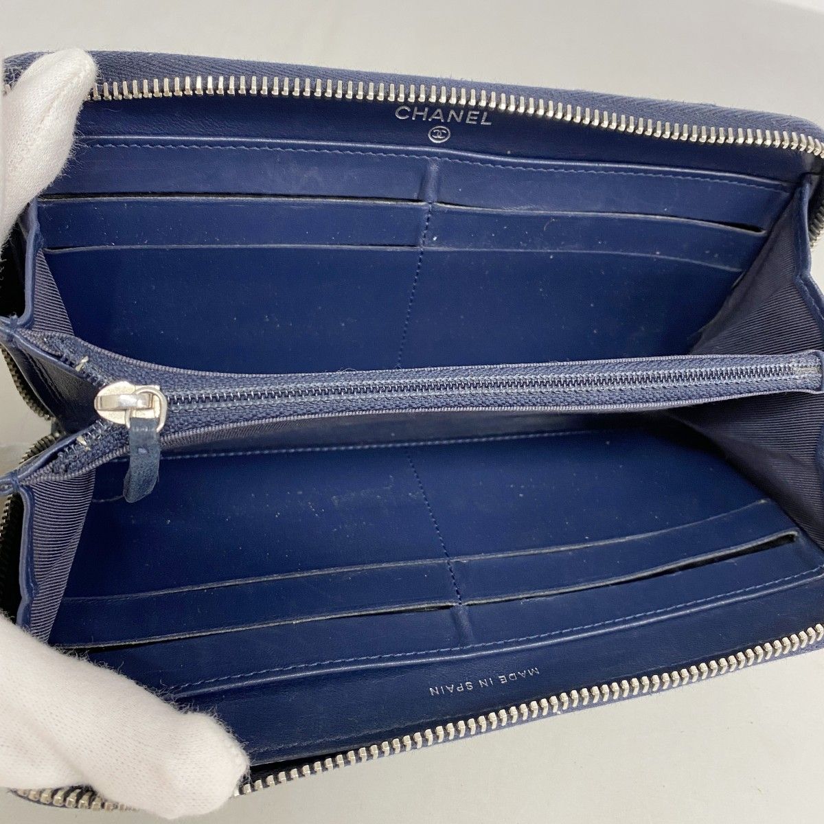 5pd5497-k】シャネル 長財布 マトラッセ ラムスキン ネイビー シルバー