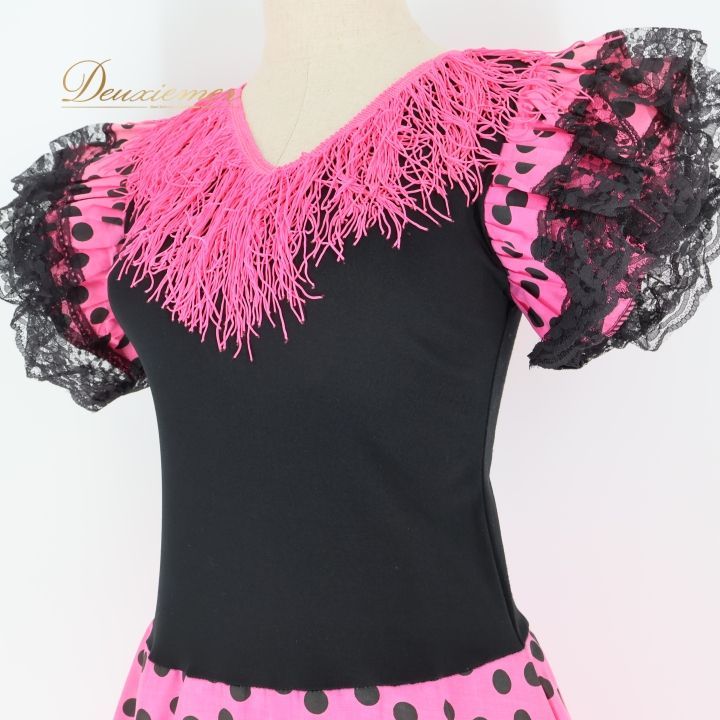 フラメンコ 衣装 ワンピース ドレス ピンク 黒 ドット フリル レース