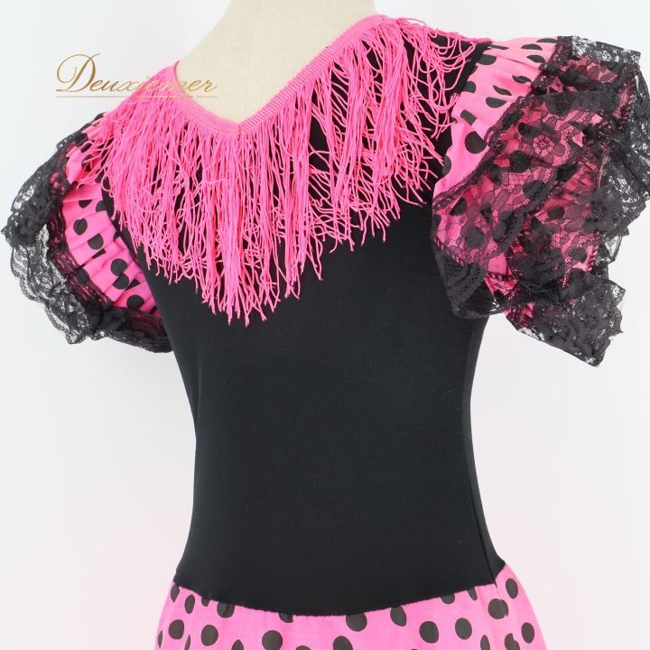 フラメンコ 衣装 ワンピース ドレス ピンク 黒 ドット フリル レース