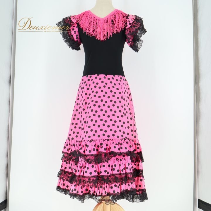 フラメンコ 衣装 ワンピース ドレス ピンク 黒 ドット フリル レース