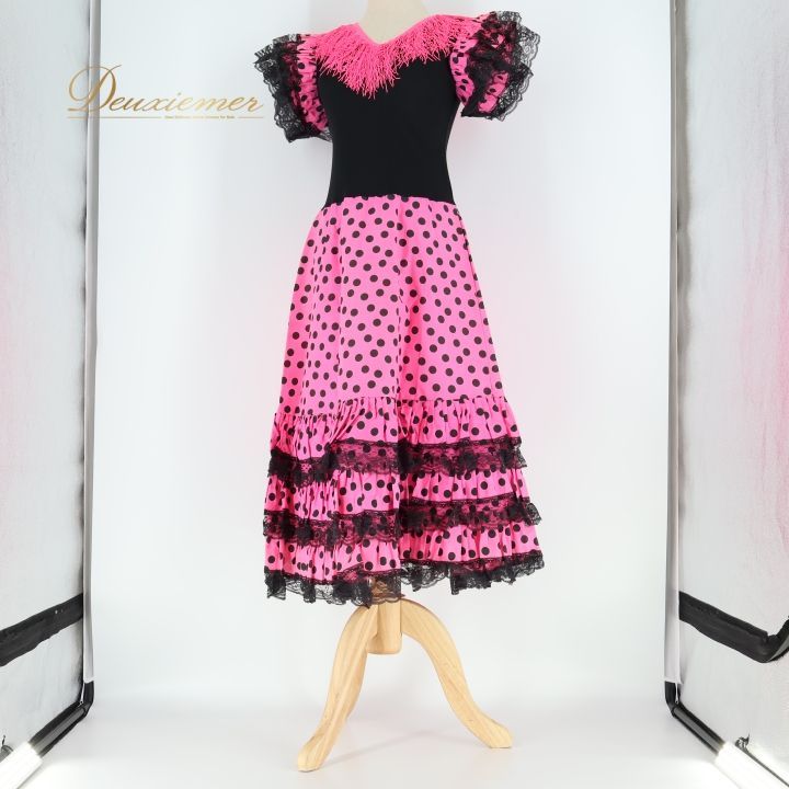 フラメンコ 衣装 ワンピース ドレス ピンク 黒 ドット フリル レース