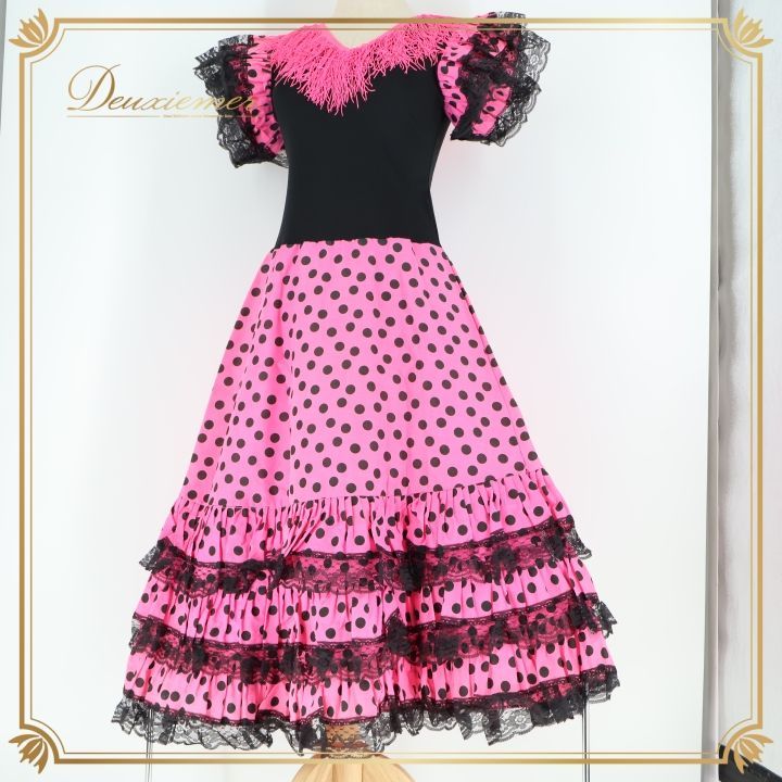フラメンコ 衣装 ロングドレス ワンピース フリル ピンク ブラック フラメンコ 衣装 ワンピース ドレス ピンク 黒 ドット フリル レース