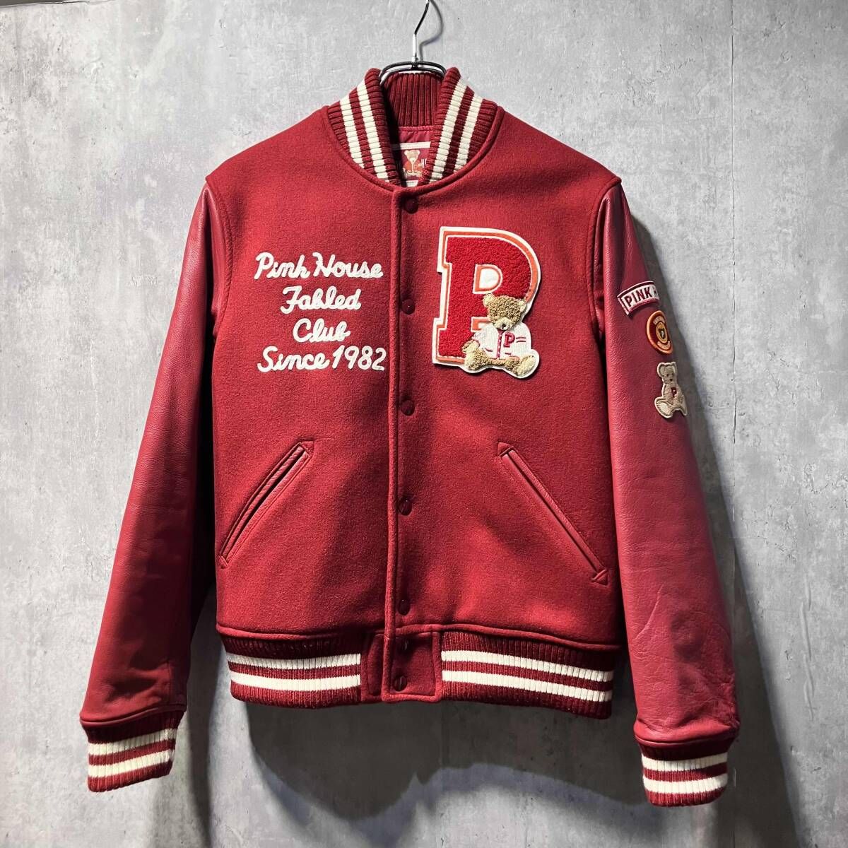 90s 古着 PINK HOUSE leather stadium jacket red ベアパッチ袖レザー