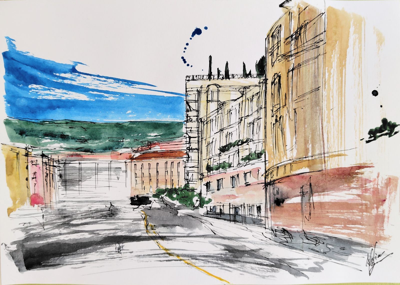 原画#原画#135 モナコ ヨーロッパ 水彩画 ドローイング インテリ 風景