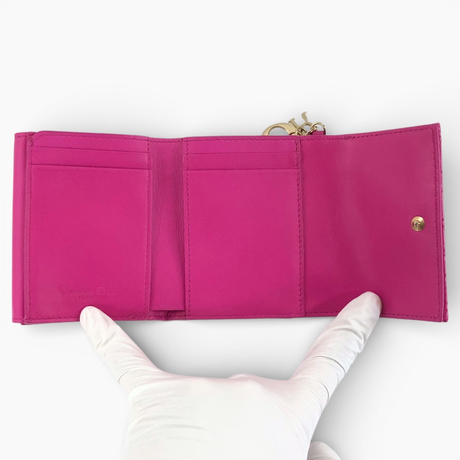 付属品完備　ディオール　カナージュ　三つ折り財布　ロータスウォレット　ピンク 美品 Christian Dior ディオール レディディオールカナージュロータス