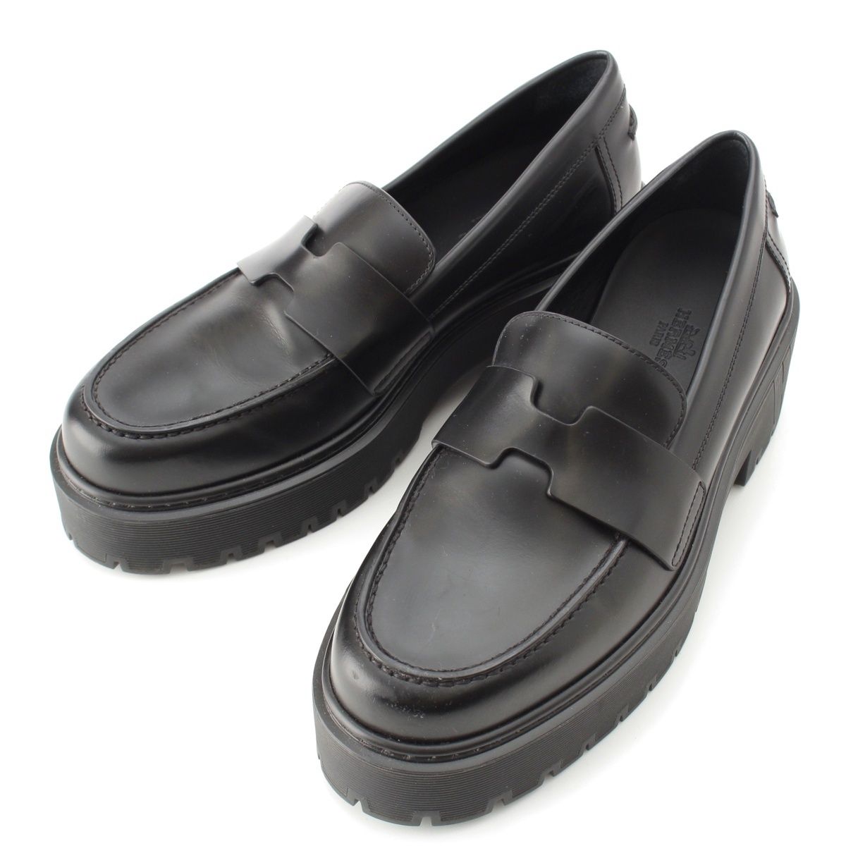 美品　HERMES モカシン　ヒッチ　厚底ローファー　ブラック　36 完売品 エルメス レザー ヒッチ HITCH プラットフォーム モカシン ローファー