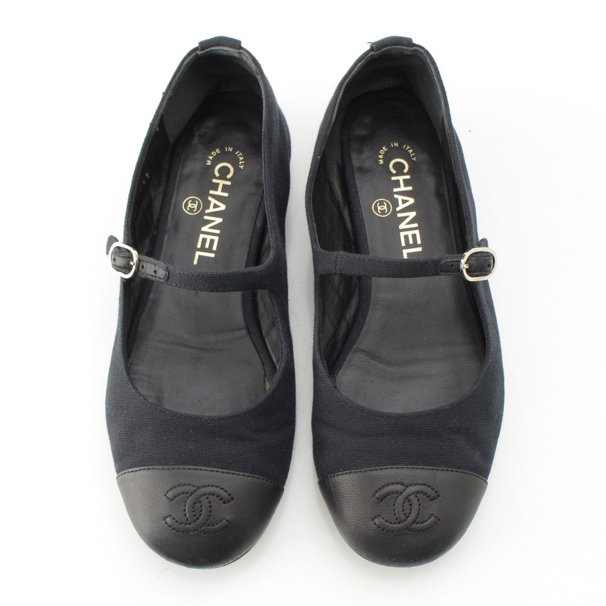 シャネル 25SS レザー キャンバス ココマーク メリージェーン フラット