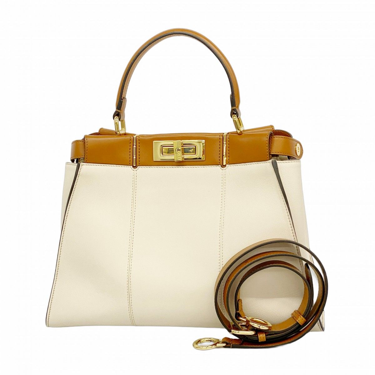 【5pb2788】フェンディ ハンドバッグ ピーカブー レザー ホワイト ブラウン ゴールド金具 2wayバッグ【中古】レディース ☆SALE【5pb2788】フェンディ ハンドバッグ ピーカブー レザー