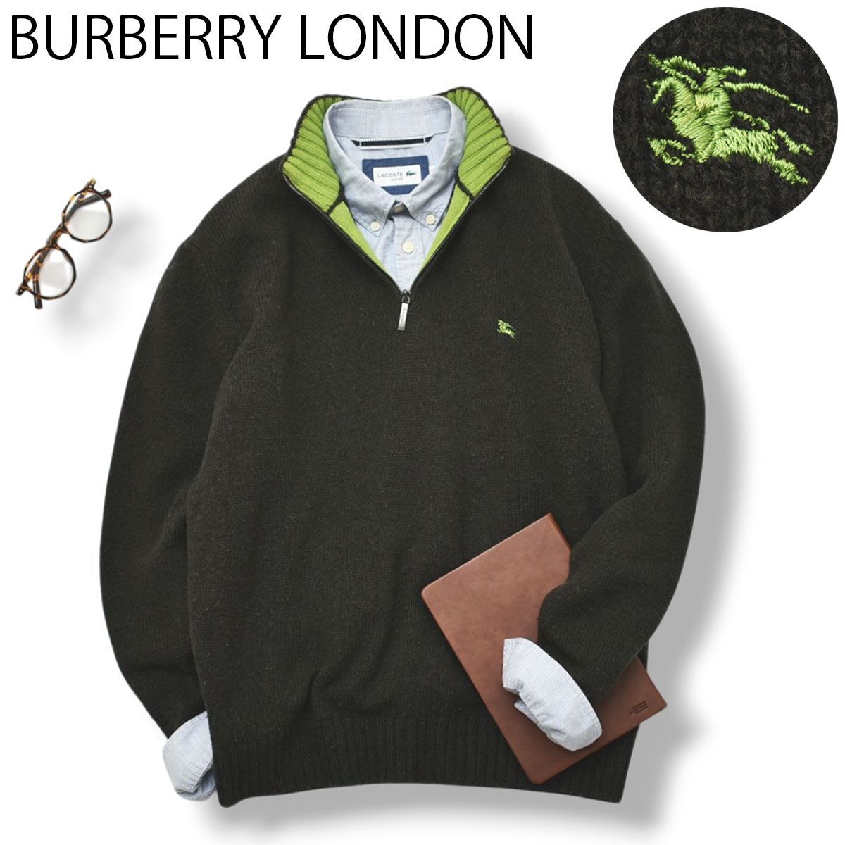 【✨美品】バーバリー ロンドン イタリア製 切り替え ニット ジャケット 黒 極美品/L】バーバリーロンドン ニットジャケット ダブルファスナー