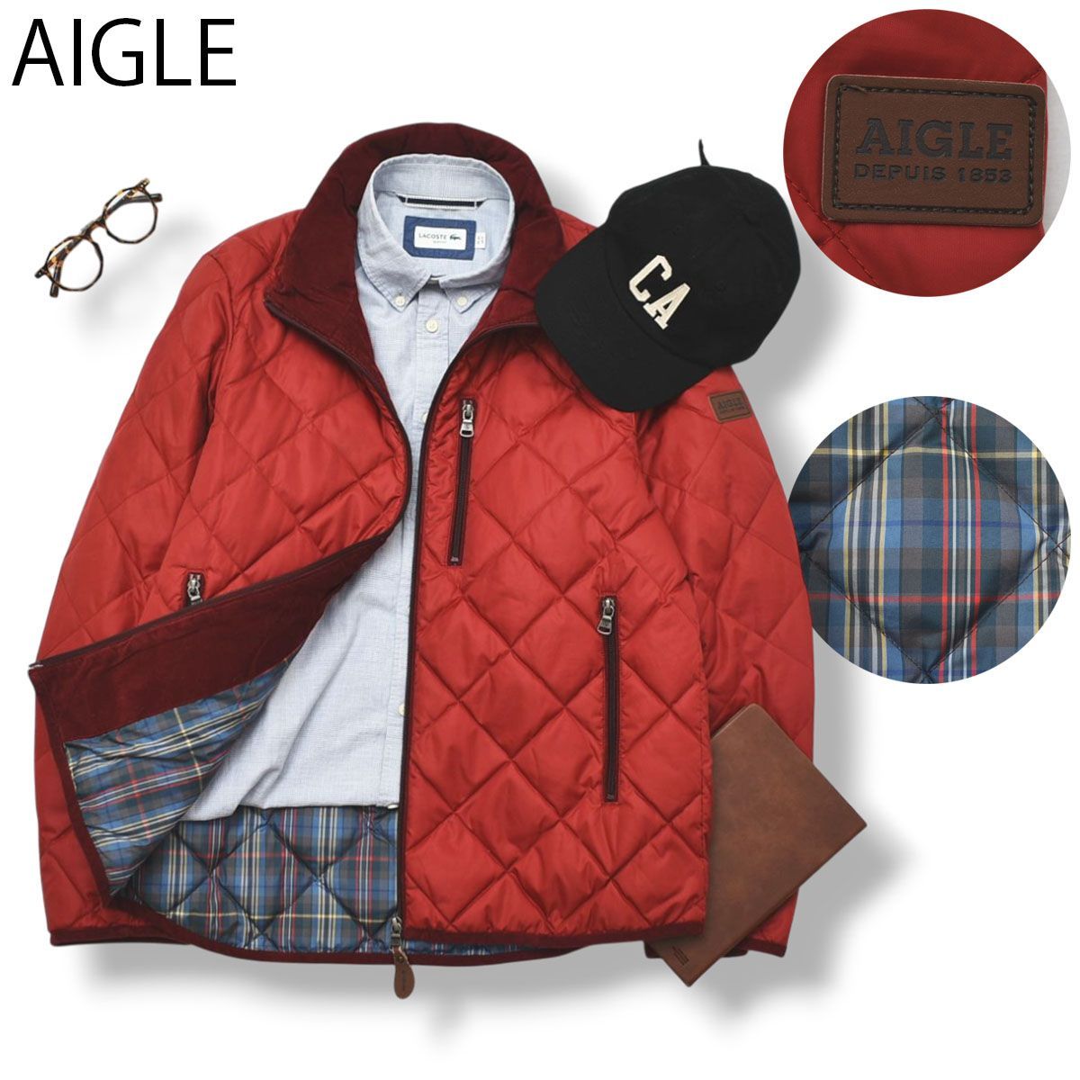 レザーロゴ】エーグル AIGLE キルティング ダウンジャケット L レッド 