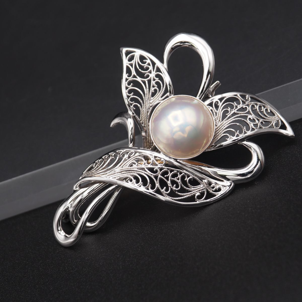 L847 マベパール 真珠 SILVER刻印 ブローチ フィリグリー 銀線細工