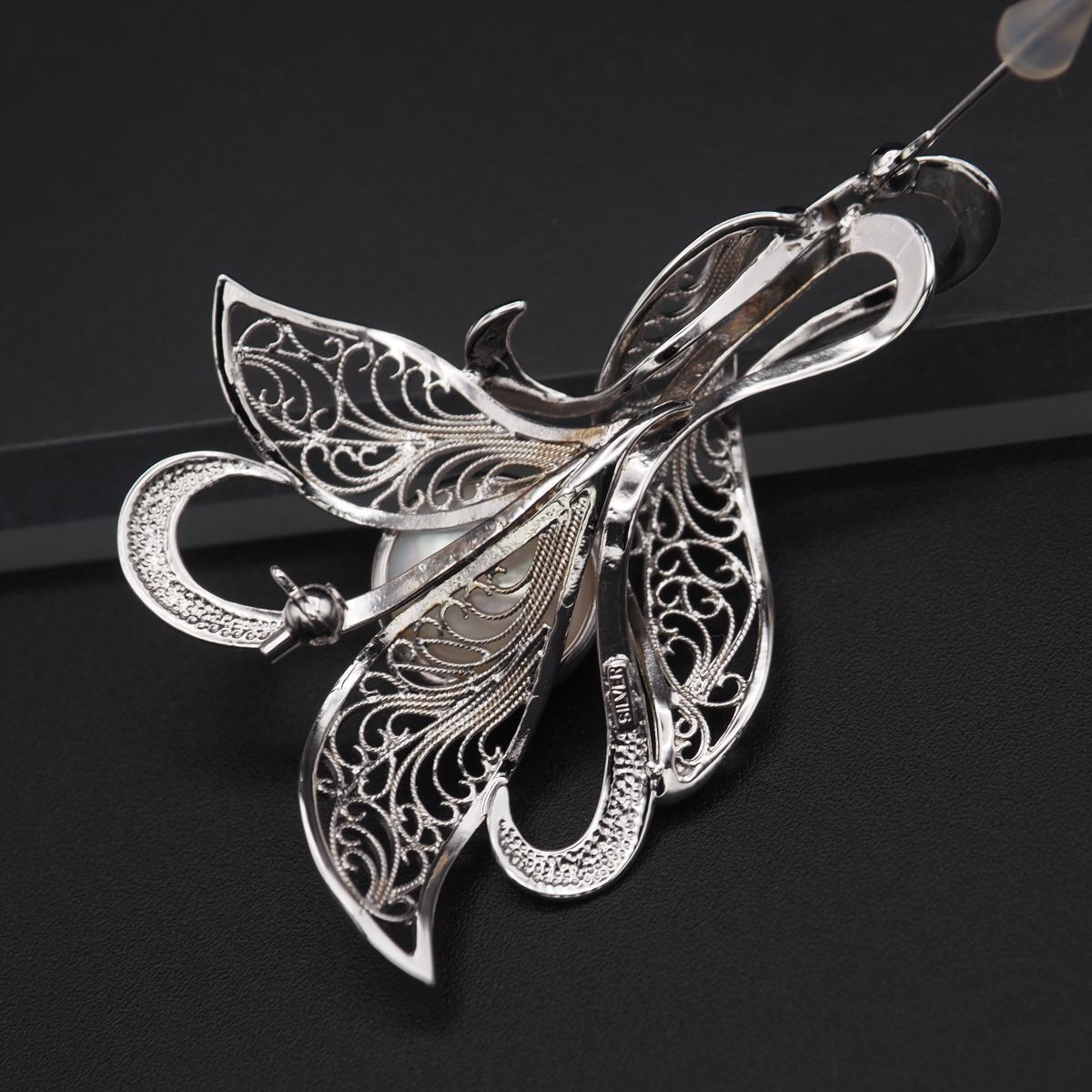 L847 マベパール 真珠 SILVER刻印 ブローチ フィリグリー 銀線細工