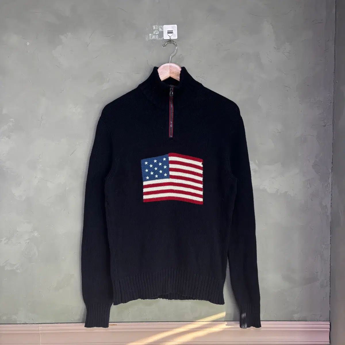 たくま　ラルフローレン　正規品　ニット　ハーフジップ　星条旗柄　美品 Ralph Lauren 星条旗ハーフジップニット ネイビー - メルカリ