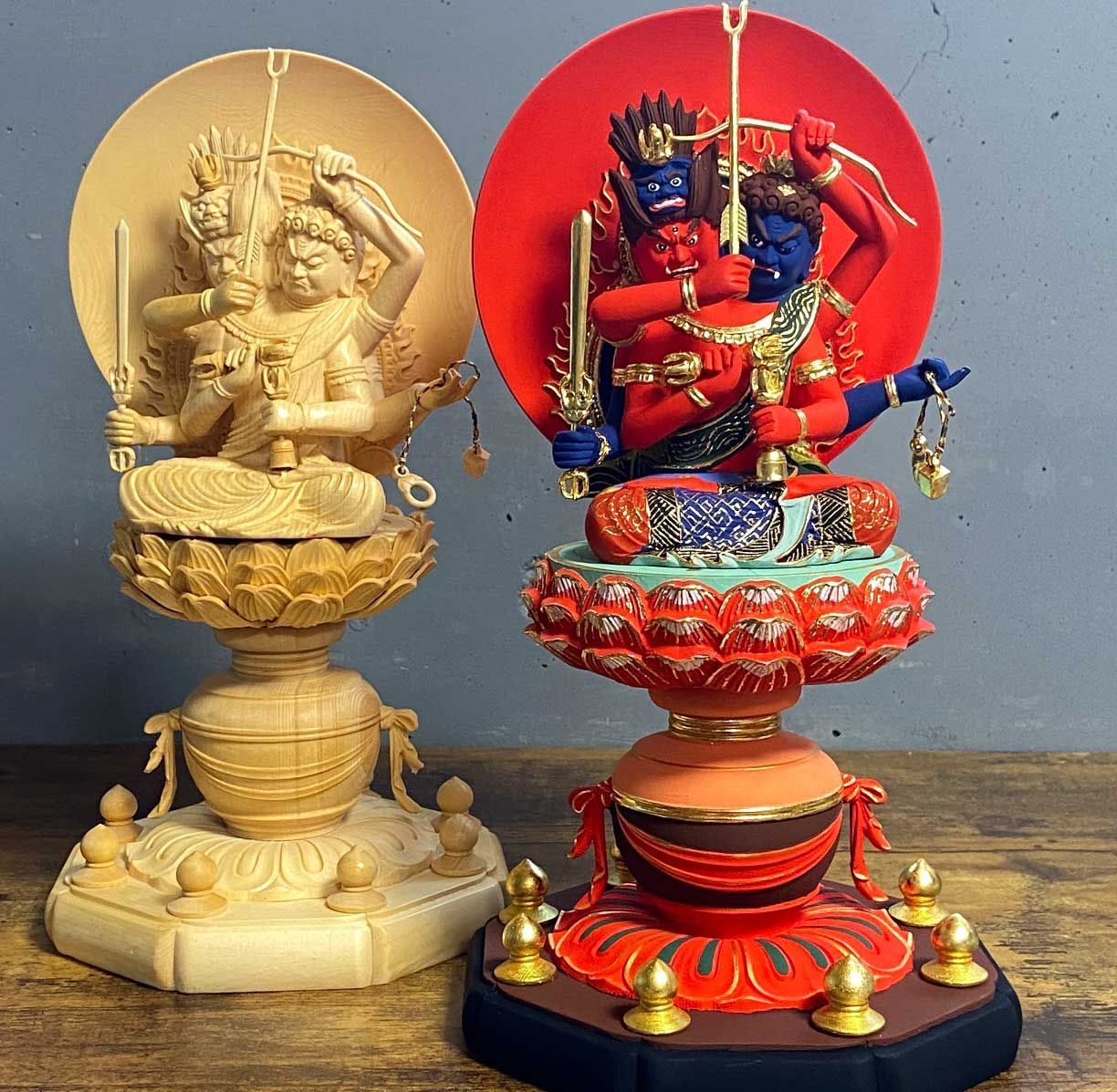 両頭愛染明王（厄神明王） 木彫仏像｜木地仕上げ│愛染明王 不動明王