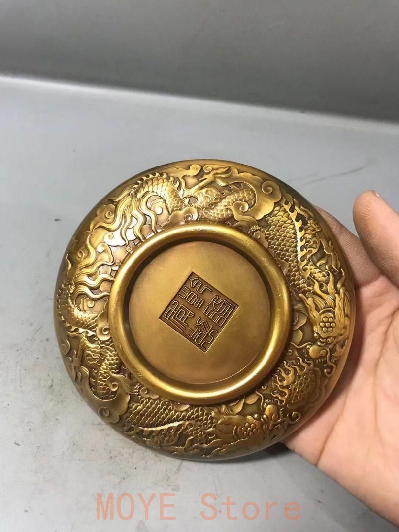 銅製 龍鳳盤 供盤 書斎卓上 ペン? 文房四宝 現代工芸品 美術品 置物