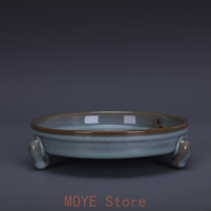 宋代汝窯天青釉加彩花鳥文三足洗 景徳鎮 陶磁器 装飾品 現代工芸品