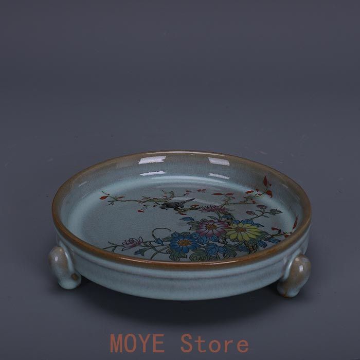 宋代汝窯天青釉加彩花鳥文三足洗 景徳鎮 陶磁器 装飾品 現代工芸品