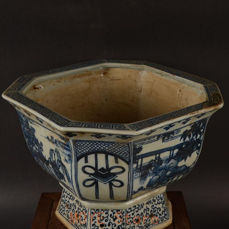 青花開窓庭楼四方高脚鉢 景徳鎮 陶磁器 装飾品 現代工芸品 美術品 置物