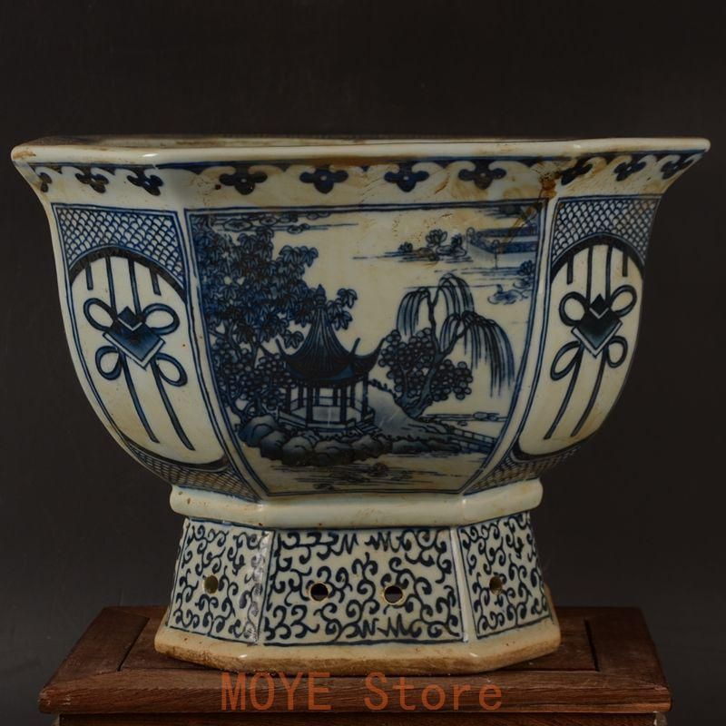 青花開窓庭楼四方高脚鉢 陶磁器 装飾品 現代工芸品美術品 置物 青花開窓庭楼四方高脚鉢 景徳鎮 陶磁器 装飾品 現代工芸品 美術品 置物