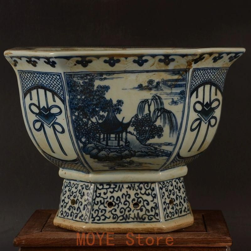 青花開窓庭楼四方高脚鉢 景徳鎮 陶磁器 装飾品 現代工芸品 美術品 置物