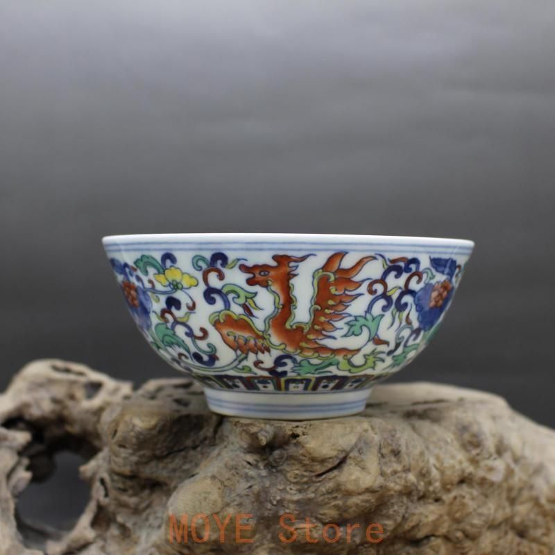 雍正青花斗彩着花鳳紋碗 景徳鎮 陶磁器 装飾品 現代工芸品 美術品 置物