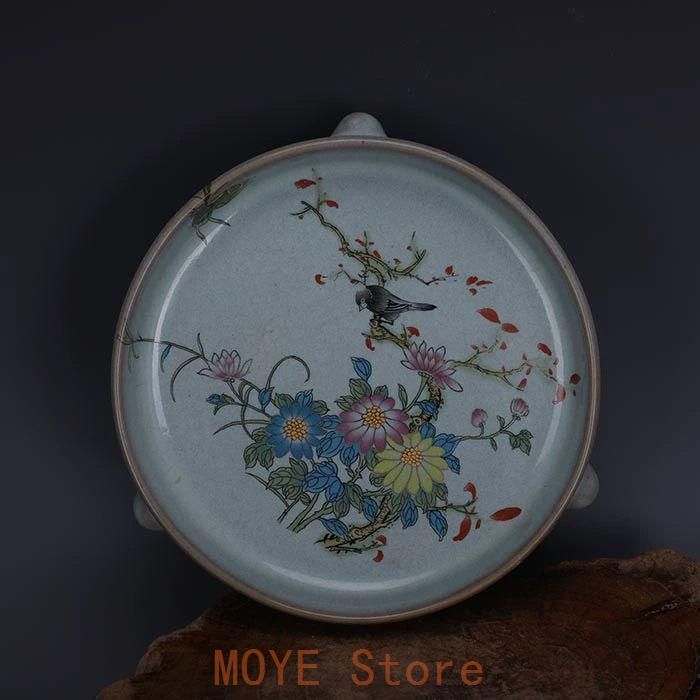 宋代汝窯天青釉加彩花鳥文三足洗 景徳鎮 陶磁器 装飾品 現代工芸品