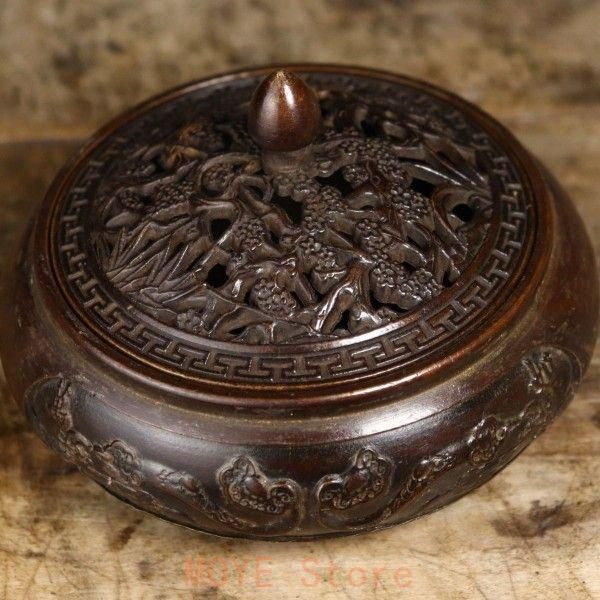 沈香檀香炉 銅製 机頭炉 沈香檀香炉 彫花如意平底炉 香道具 工芸品