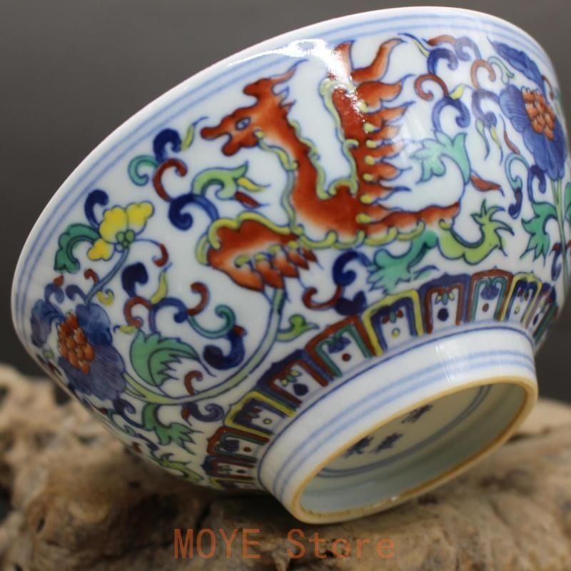 雍正青花斗彩着花鳳紋碗 景徳鎮 陶磁器 装飾品 現代工芸品 美術品 置物