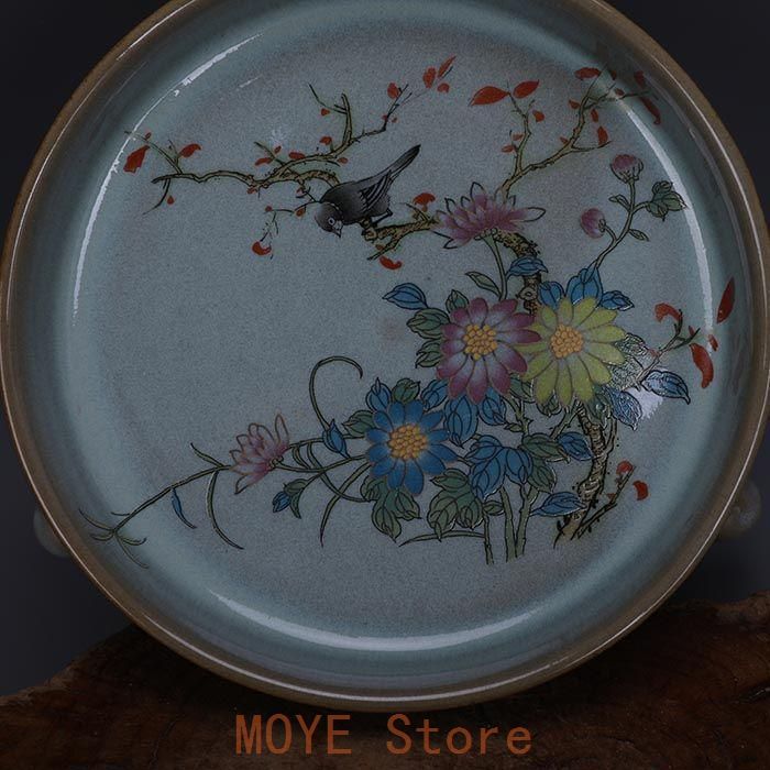 宋代汝窯天青釉加彩花鳥文三足洗 景徳鎮 陶磁器 装飾品 現代工芸品