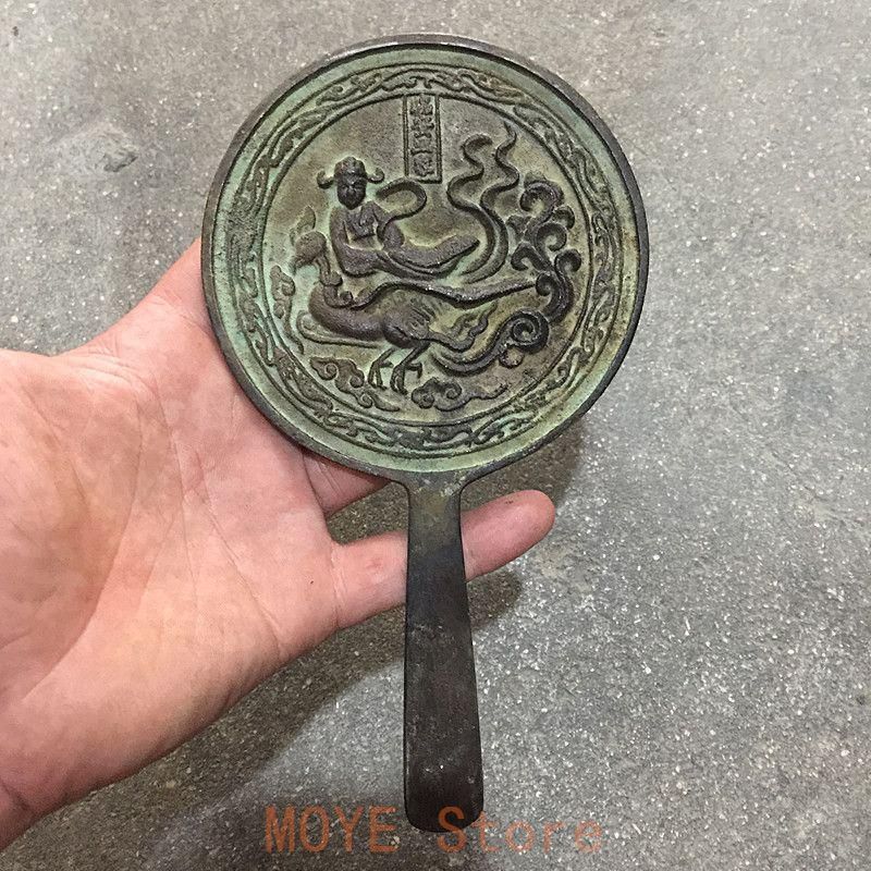 ツル銅鏡 柄鏡 手鏡 銅製 工芸品 美術品 置物 - メルカリ