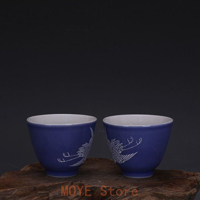 藍釉堆白鶴紋二壺杯 中国美術2つ 湯呑 茶器 工芸品 美術品 置物 - メルカリ