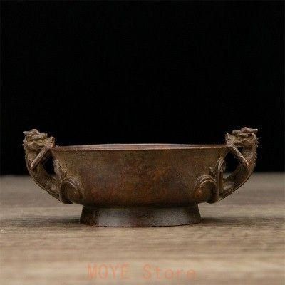 明治期 銅製 金工細工『遊龍唐草七宝繋文』香炉 獣双耳遊環付 茶道具/ 香道具 明治期 銅製 金工細工『遊龍唐草七宝繋文』香炉 獣双耳遊環