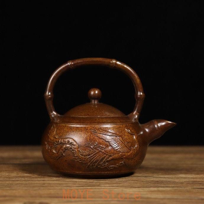 銅細工 龍鳳呈祥泡茶壺 提梁壺 茶道具 装飾品 工芸品 美術品 置物