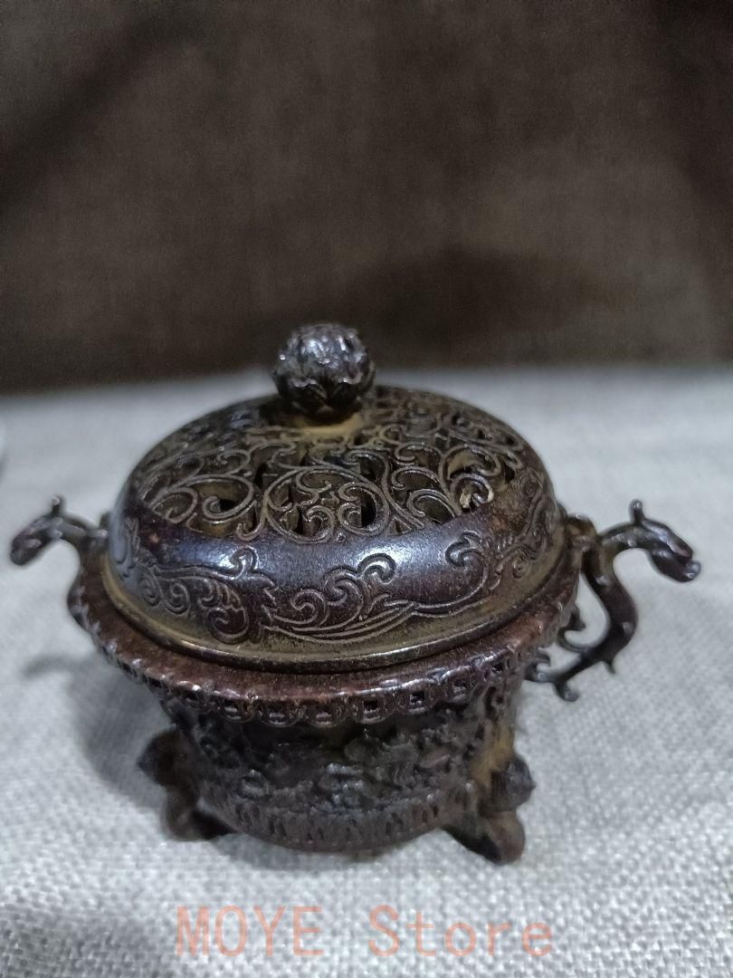 銅器 三足鼎 チ首竜双耳香炉 焼香炉 香道具 茶道具 装飾品 工芸品 置物