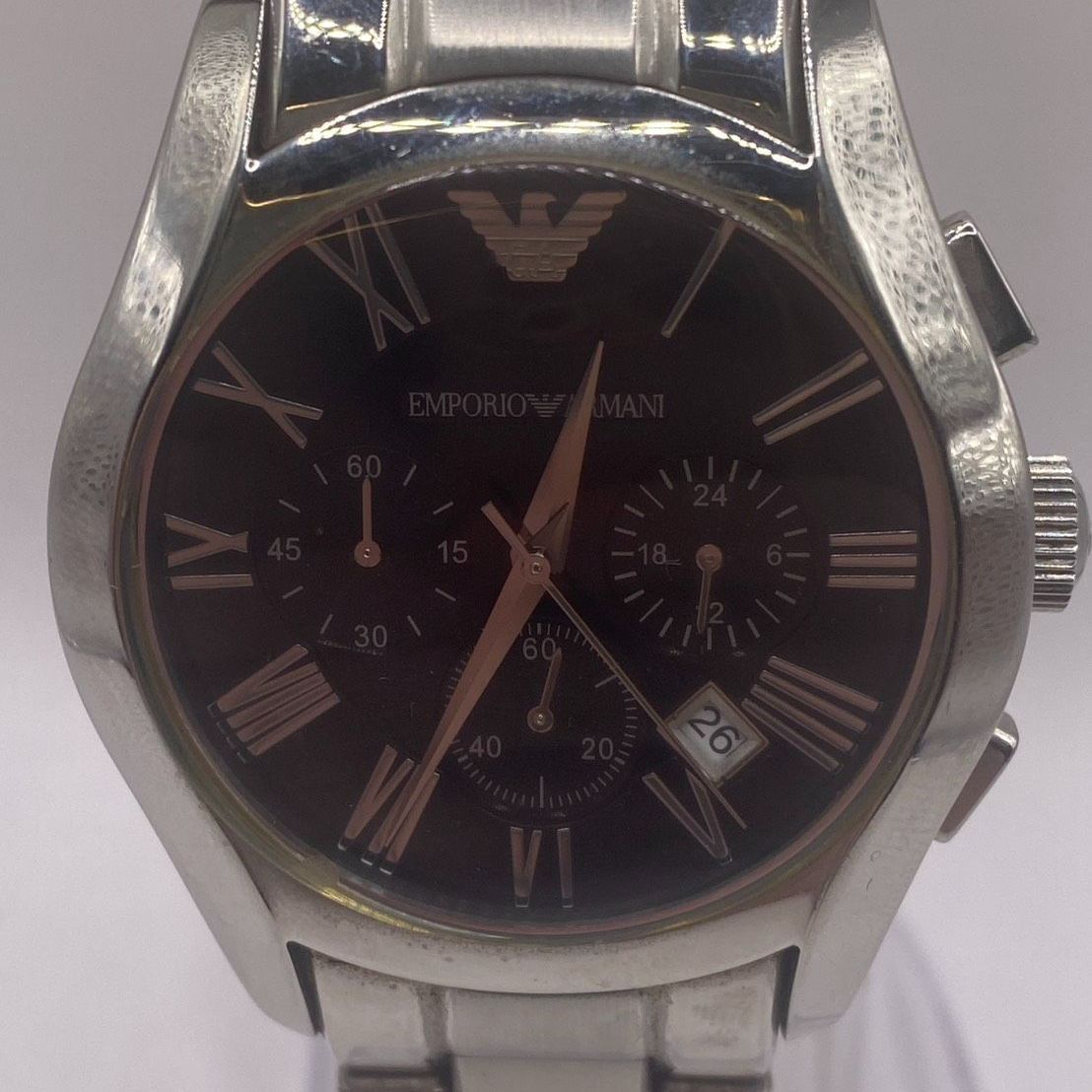 ブランド EMPORIO ARMANI エンポリオ アルマーニ バレンテ AR 0673 ブラック 文字盤 ステンレス クロノグラフ クォーツ 電池式 デイト 腕時計 アンティーク ヴィンテージ ビンテージ 銀 シルバー SILVER