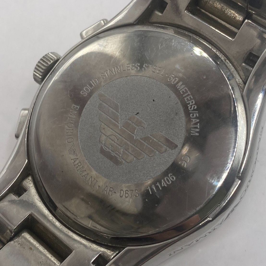 ブランド EMPORIO ARMANI エンポリオ アルマーニ バレンテ AR 0673 ブラック 文字盤 ステンレス クロノグラフ クォーツ 電池式 デイト 腕時計 アンティーク ヴィンテージ ビンテージ 銀 シルバー SILVER