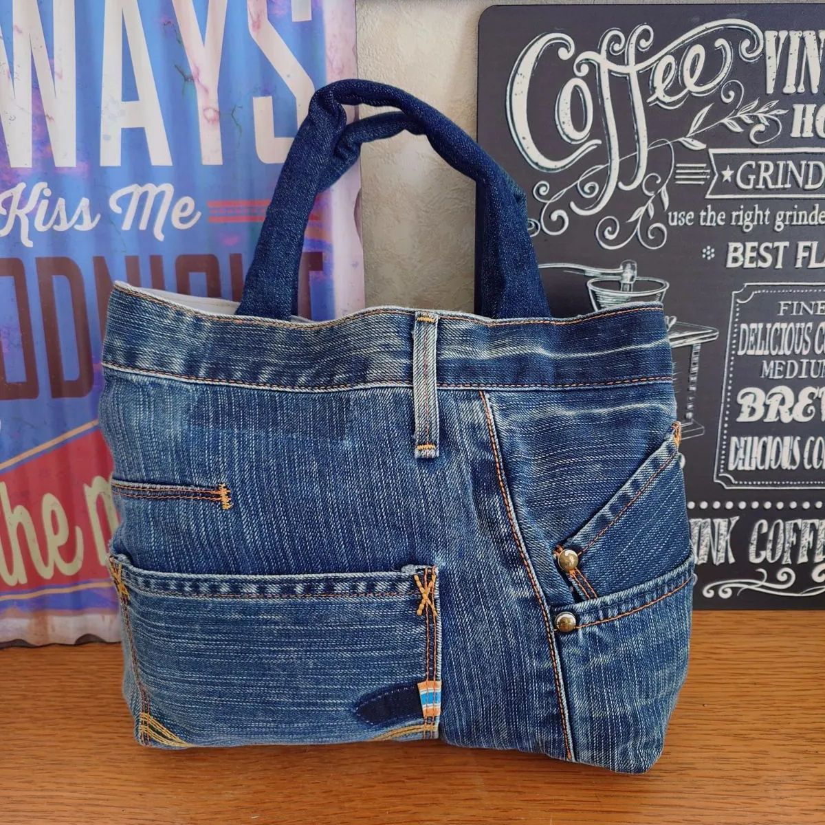 136☆USEDダメージデニムリメイク☆トートバッグ☆サブバッグ☆ランチ