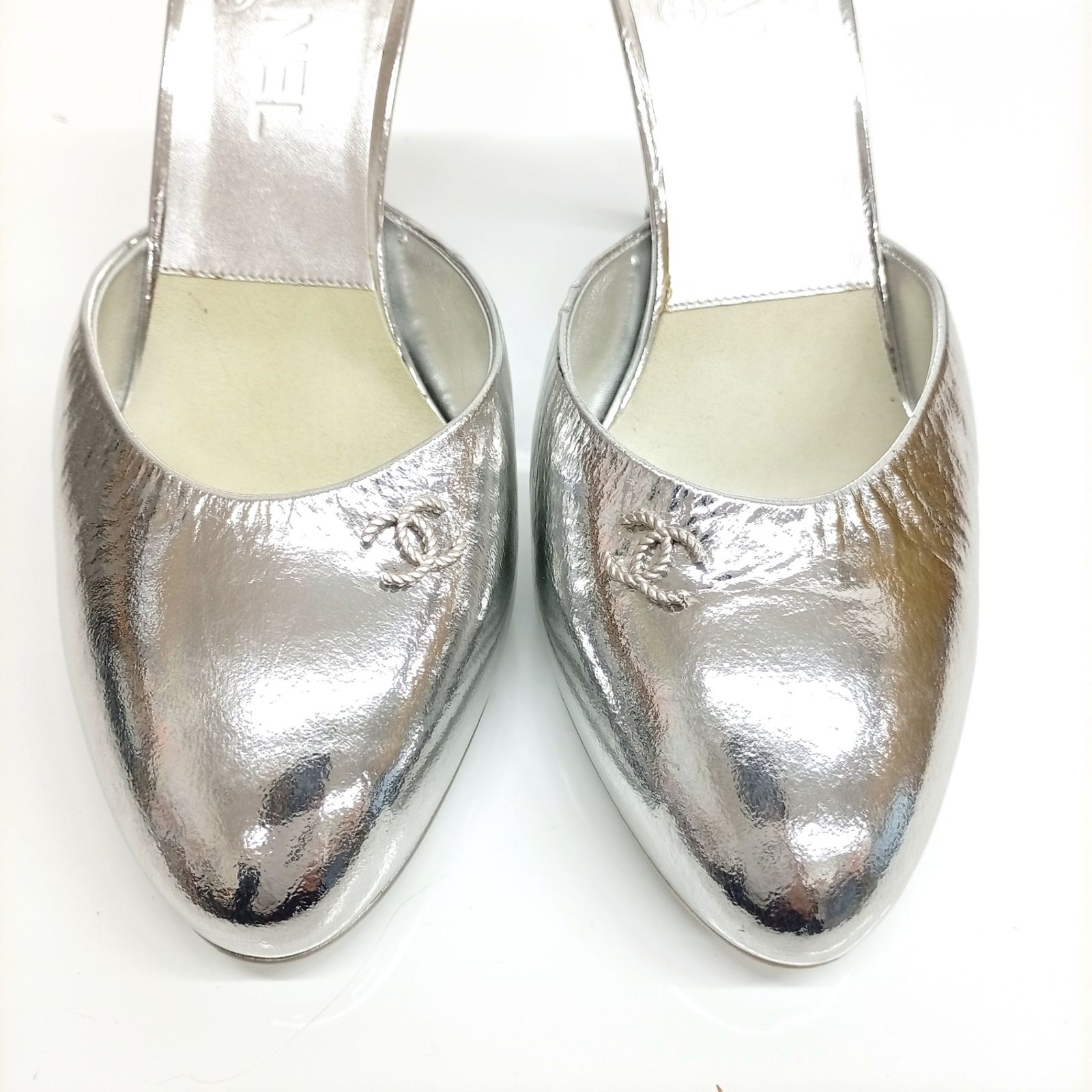 シャネル CHANEL サンダル パンプス エナメル シルバー ヒール 38C 約