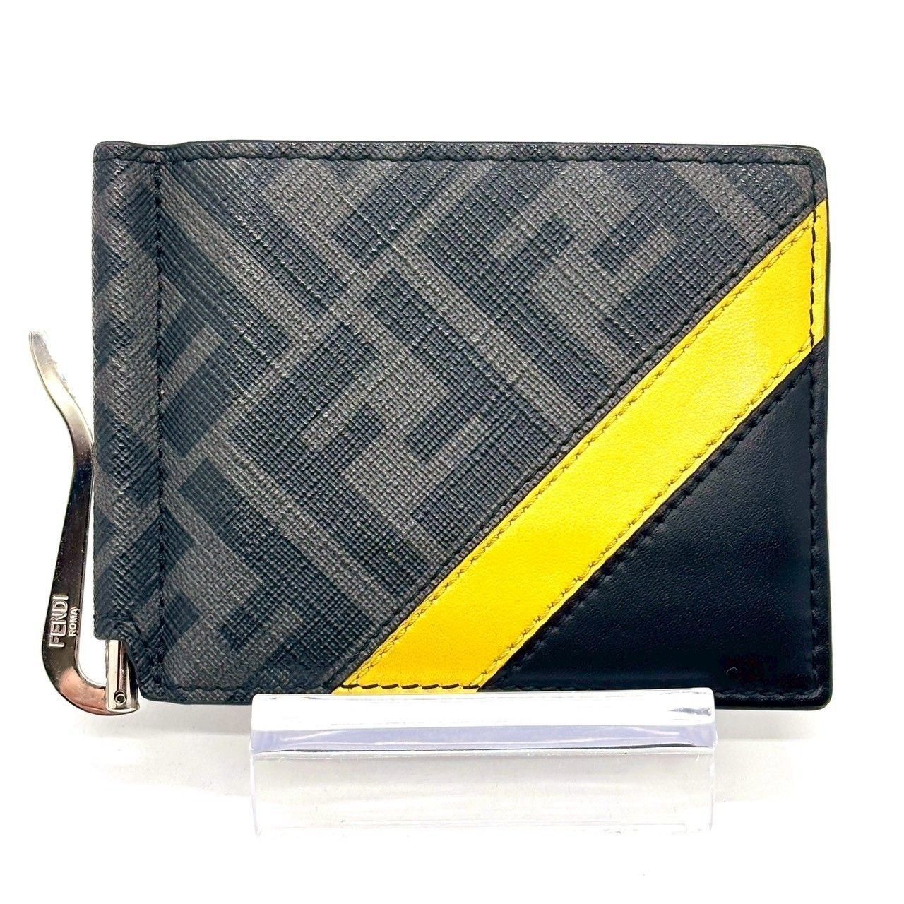 FENDI　マネークリップ 二つ折り財布 ズッカ ダイアゴナル　黒 イエロー 薄さで差がつく大人仕様】 FENDI フェンディ マネークリップ カード