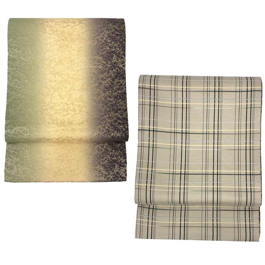 京やJ244 正絹 袋帯 洒落袋 全通柄 三色暈し染め 彩宴 格子柄 両面使い