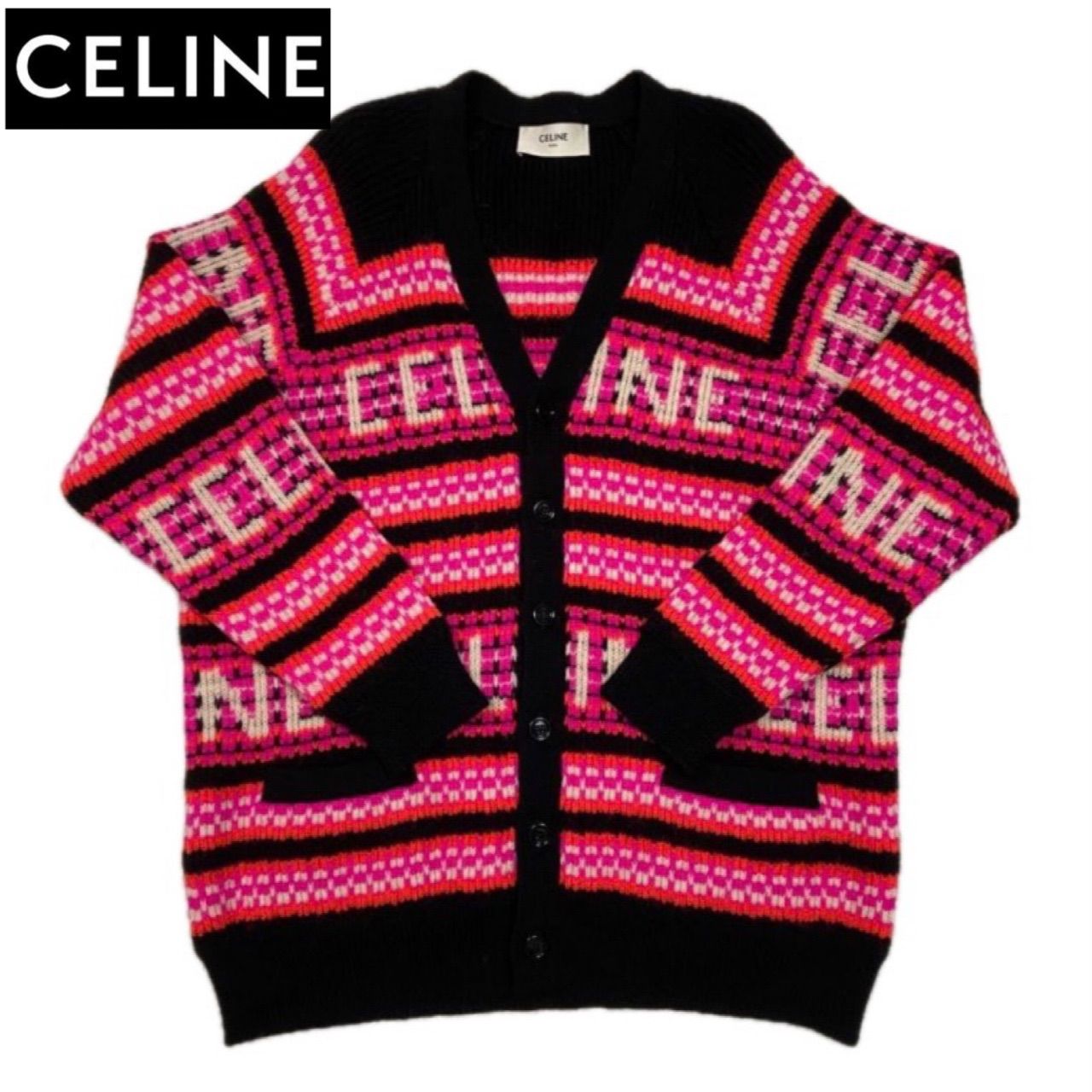 CELINE ニットカーディガン　M CELINE セリーヌ カーディガン ロゴ ジャガード ニット 2AC91579S