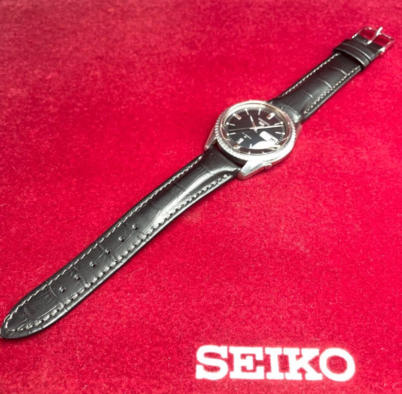 OH済 希少黒文字盤 未使用 SEIKO 5 風防新品交換済 自動巻