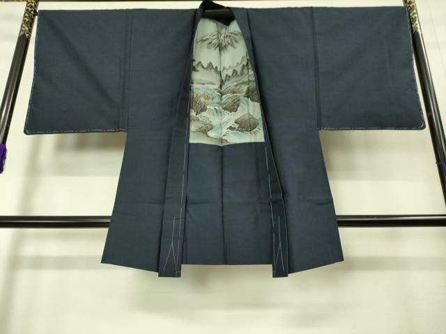 平和屋着物○極上 男性 紬 アンサンブル 色無地 濃い藍鉄色 逸品 未