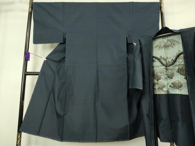 平和屋着物○極上 男性 紬 アンサンブル 色無地 濃い藍鉄色 逸品 未