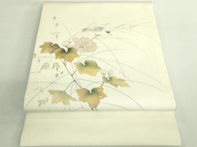 平和屋着物●極上　塩瀬　九寸開き名古屋帯　手描き　枝花に小鳥　象牙色地　逸品　DZAB2090kh6 平和屋着物○極上 塩瀬 九寸開き名古屋帯 手描き 枝花に小鳥 象牙色地