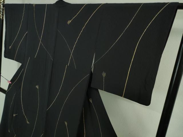 平和屋着物■極上　越後染印傳　根津青宗　小紋　花間道　黒地　証紙付き　逸品　CYAA3069s5 平和屋着物○極上 越後染印傳 根津青宗 日本産本漆 小紋 紐文 みすくに